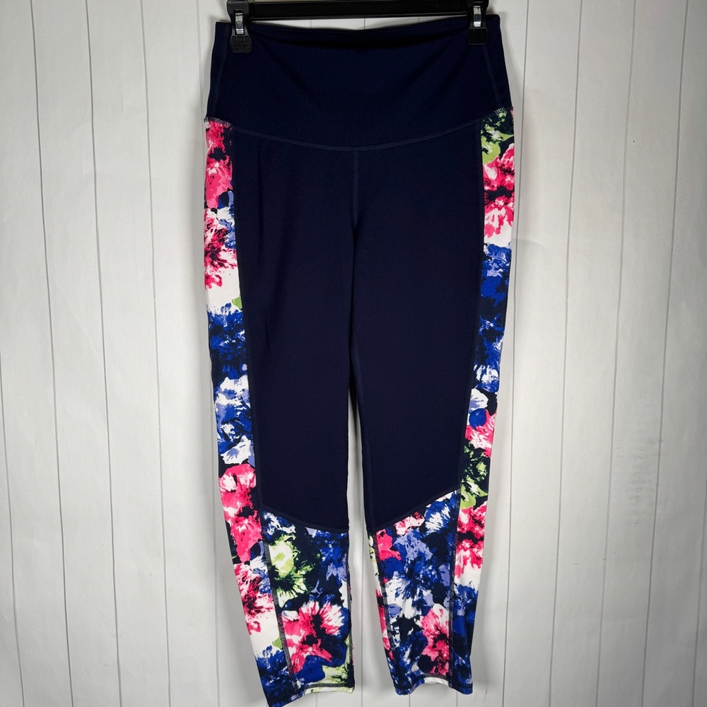 Gap Fit Cropped Athletic Leggings Navy Blue Floral Print Yoga Running Wear M Reg
